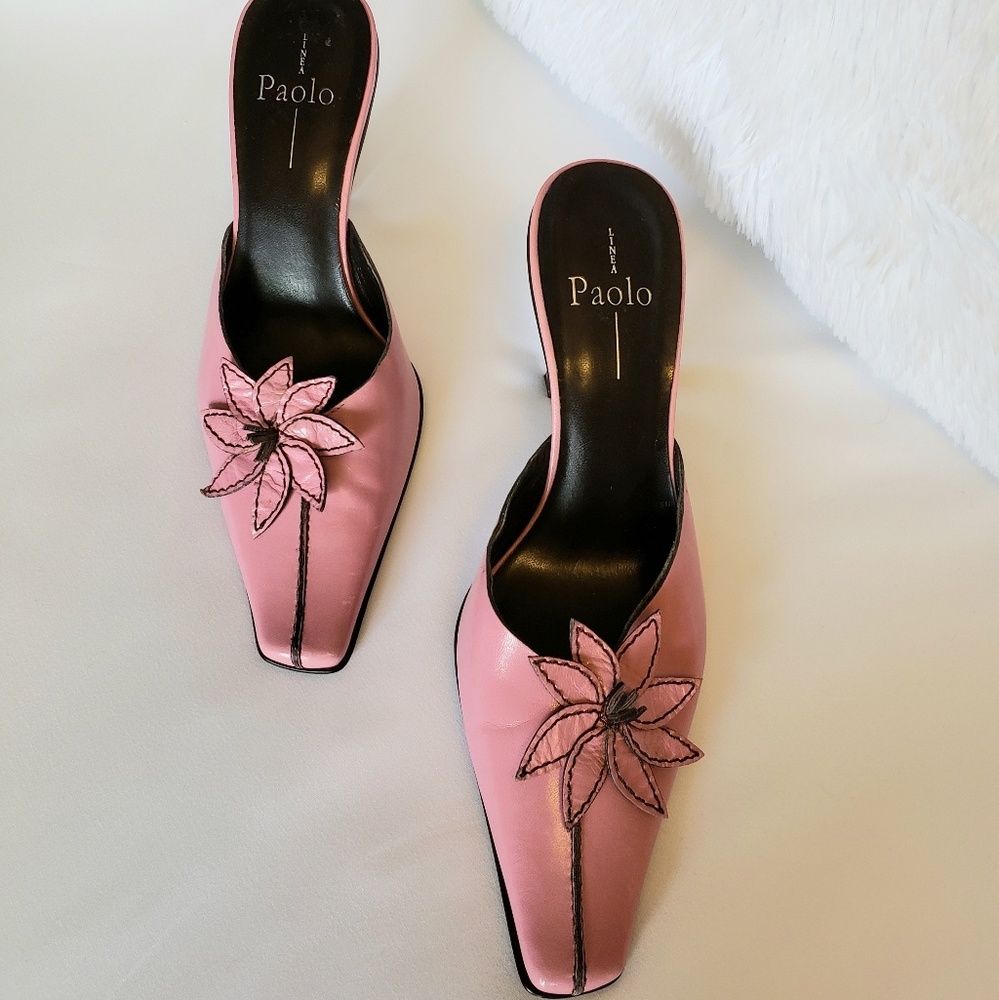 Linea Paolo Leather Mules Pink/Black Topstitch